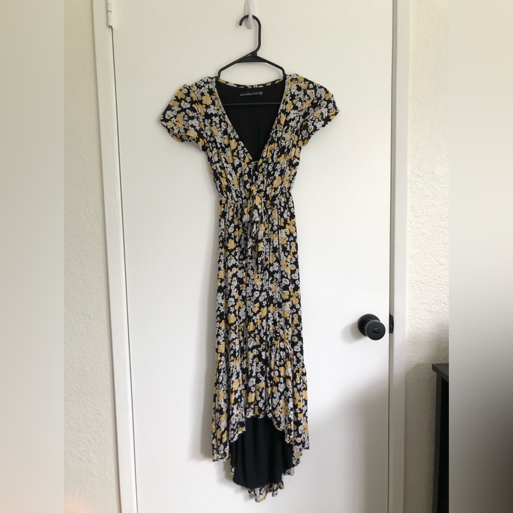 Abercrombie & Fitch Black Yellow Floral High Low Dress
